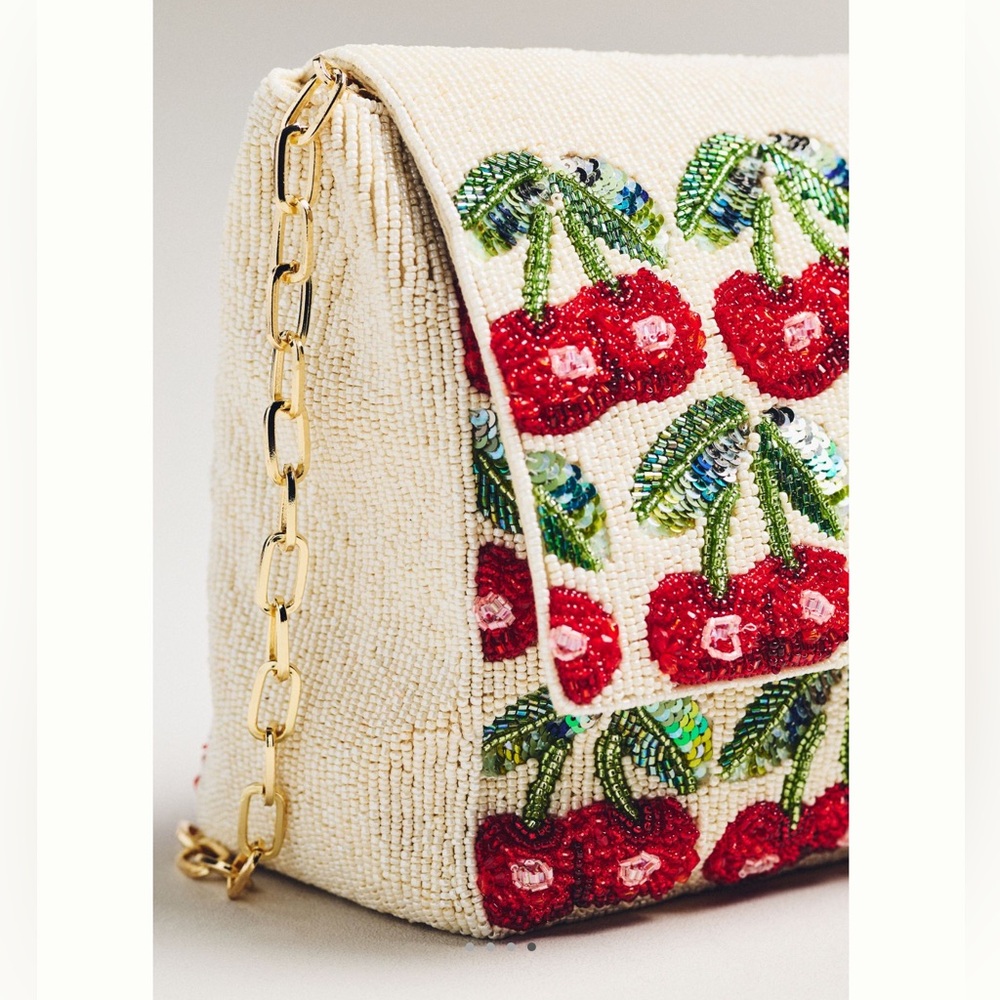 🍒Anthropologie Oversized Beaded Shoulder Bag Maeve Purse Novelty Gold Chain NEW - Picture 3 of 16